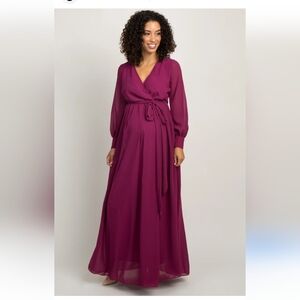 Magenta Chiffon Long Sleeve Pleated Maternity Maxi Dress Pinkblush
